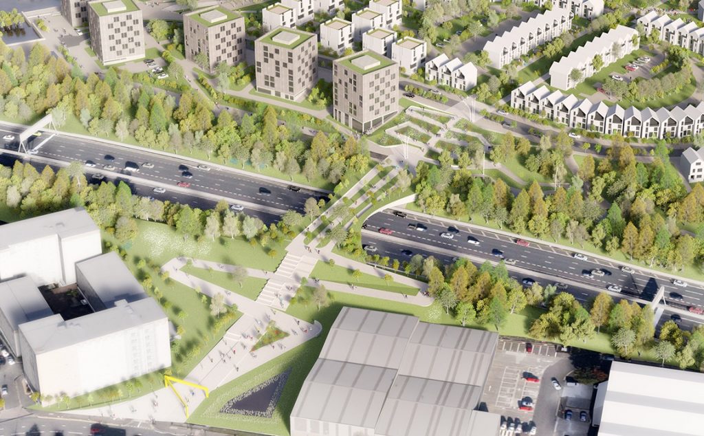 Artists' impression of Sighthill redevelopment - aerial view from above the new M8 bridge.