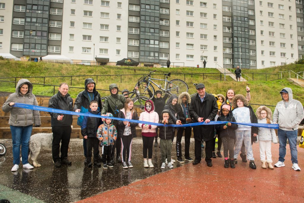 Photograph of the Cardonald community (children and adults) at Halfway Community Park at Moss Height Avenue, to celebrate its opening.