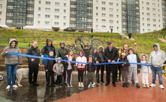Photograph of the Cardonald community (children and adults) at Halfway Community Park at Moss Height Avenue, to celebrate its opening.