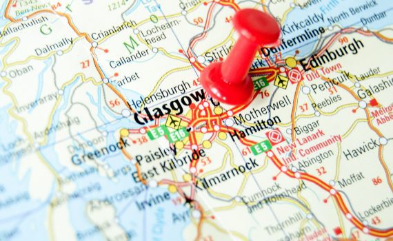 Map of Glasgow and surrounding areas with red pushpin in Glasgow.