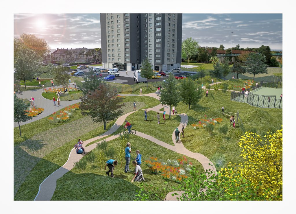 Design plans (artists' impression) for the trasnformation of underused greenspace adjacent to Queensland Court and Gardens - showing a green park with various paths and wildflowers, with people walking/sitting in the park. In the background, you can see a high rise building.