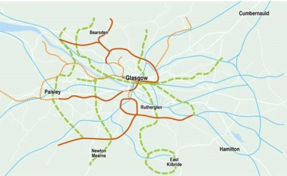 Map of the Glasgow City Region area with proposed metro lines.