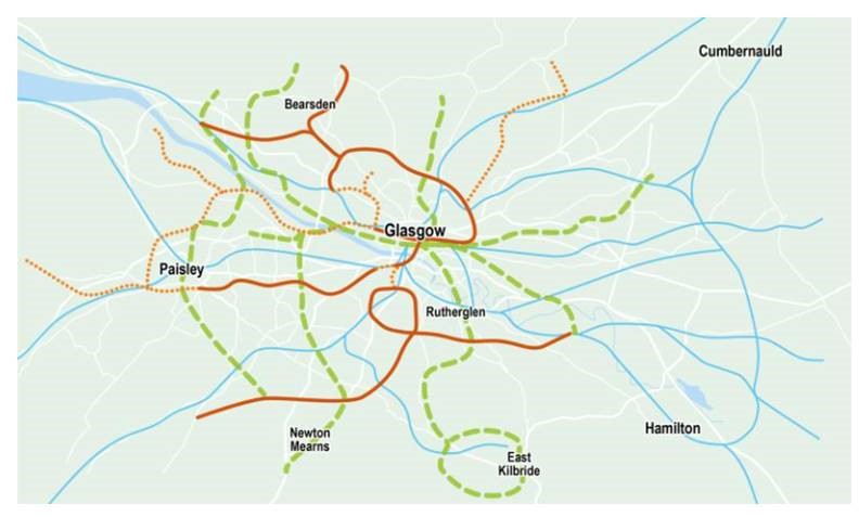 Map of the Glasgow City Region area with proposed metro lines.