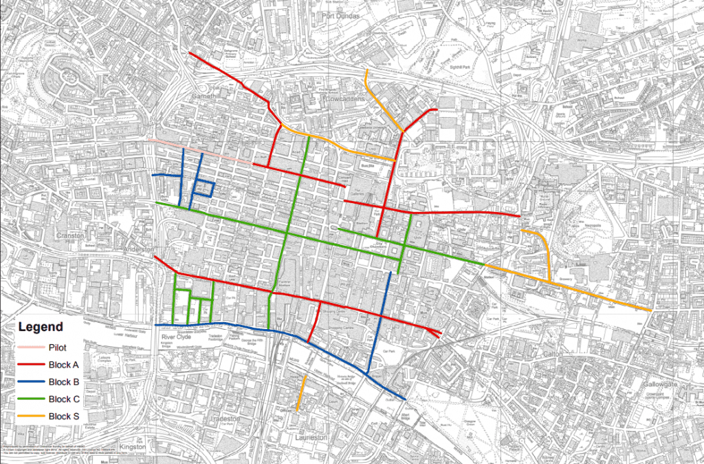 Map of the Glasgow City Council Avenues programme throughout Glasgow city centre, showing which streets will be upgraded during each phase.