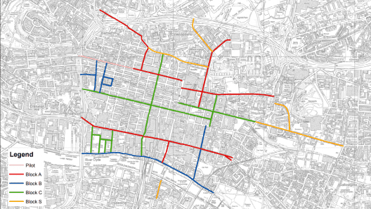 Map of Glasgow city centre showing proposed streets for the Glasgow City Council Avenues programme, including which phase each street is a part of.
