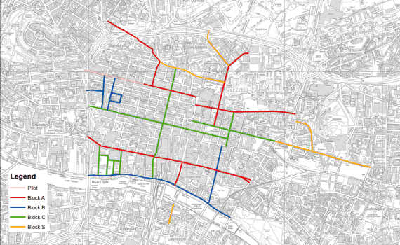 Map of Glasgow city centre showing proposed streets for the Glasgow City Council Avenues programme, including which phase each street is a part of.