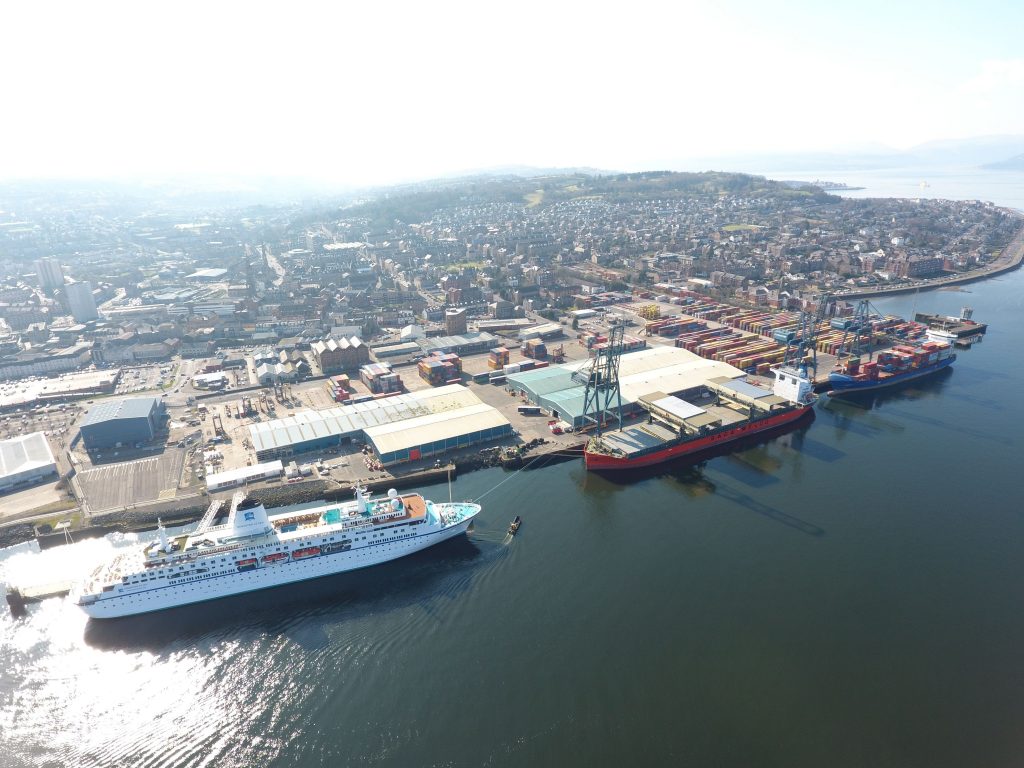 Aerial image of a deep-water port on the River Clyde, supplied by Peel Ports.