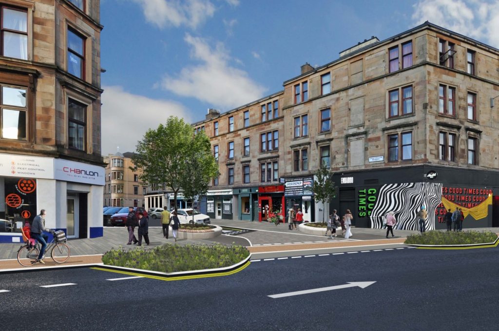 Artists' impression of Byers Road public realm works looking from Byers Road on to Chancellor Street, showing additional green space, a new cycle lane and improved pedestrian space.