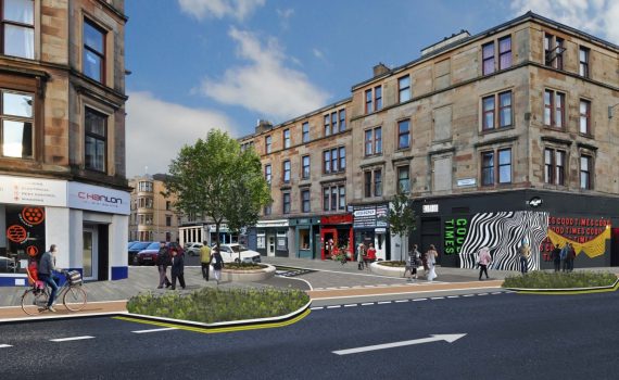 Artists' impression of Byers Road public realm works looking from Byers Road on to Chancellor Street, showing additional green space, a new cycle lane and improved pedestrian space.
