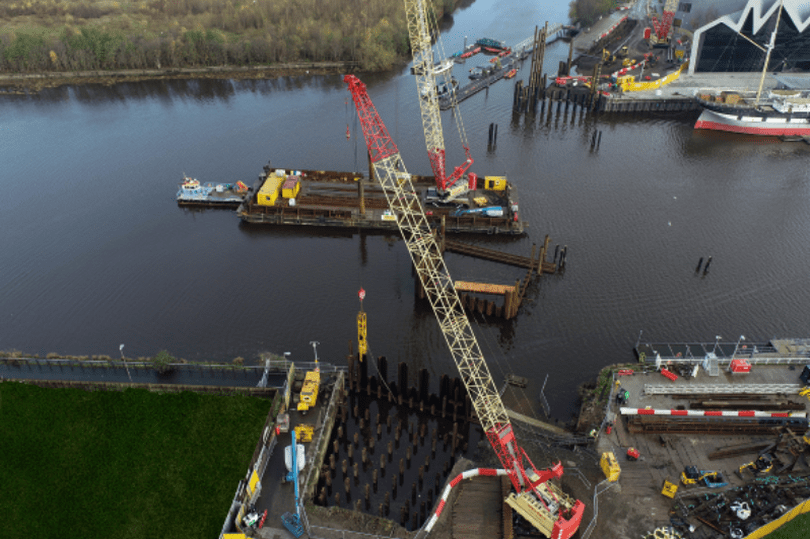Aerial image showing the completed piling at the site of the Govan-Partick bridge.