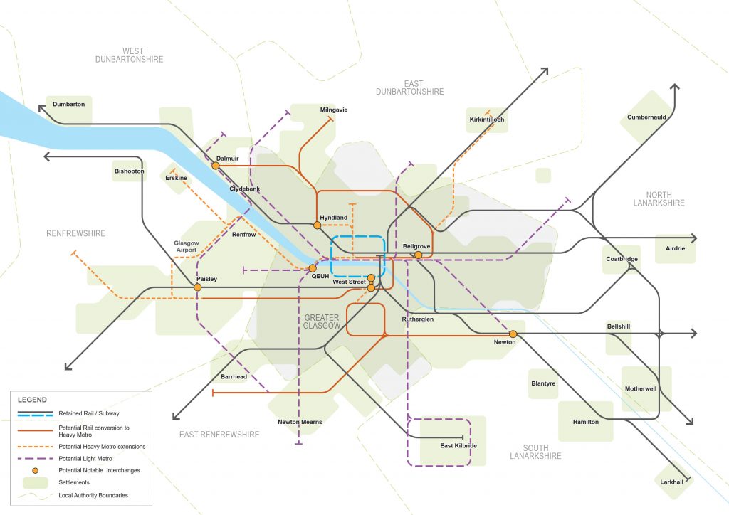 A map showing the indicative extent of the Clyde Metro as set out in the STPR2 Final Technical Report.