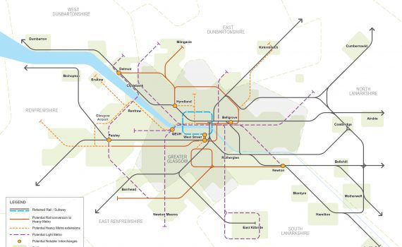 A map showing the indicative extent of the Clyde Metro as set out in the STPR2 Final Technical Report.