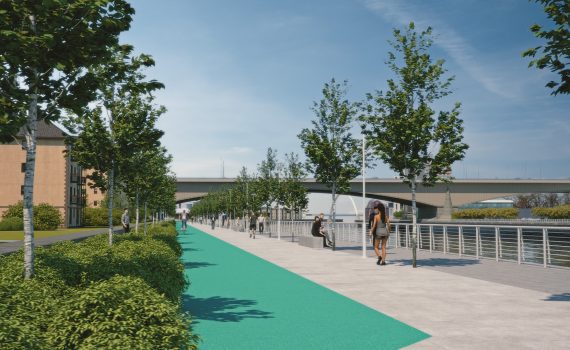 Artists' impression image of Windmillcroft Quay showing a large pedetrian route with a cycle path, seating along the edge of the path facing the river, and additional trees and other greenery.