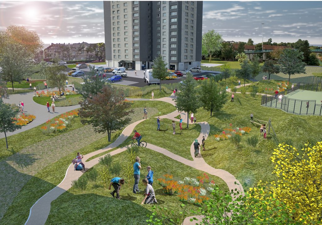 An artists' impression image of the gardens showing greenspace with flowers and trees, a curvy path through the greenspace, and children's play structures (beams for balancing etc.). The image also shows people walking through and playing in the garden, and a block of flats in the background.