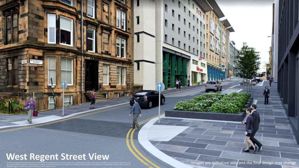 Artists' impression image looking up West Regent Street showing widened stone-paved pavements, with large square planters, trees and additional cycle parking. 