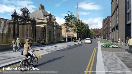 Artists' impression image looking down Holland Street showing widened stone-paved pavements with evenly spaced square planters on one pavement side, and evenly spaced trees and stone benches on the other pavement side.