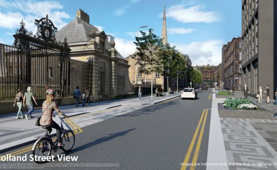 Artists' impression image looking down Holland Street showing widened stone-paved pavements with evenly spaced square planters on one pavement side, and evenly spaced trees and stone benches on the other pavement side.