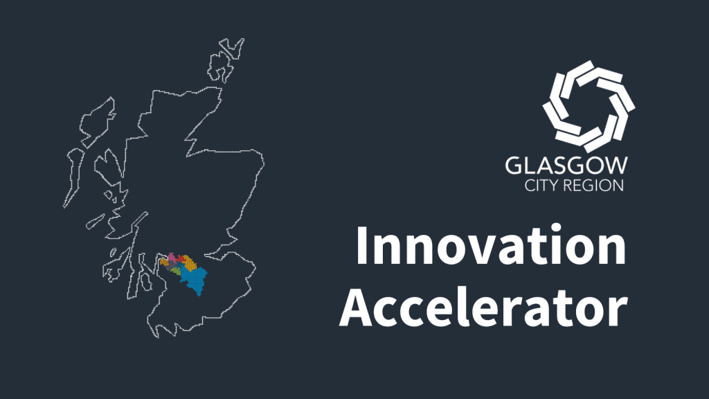 Graphic with the Glasgow City Region logo, the words "Innovation Accelerator", and a decorative outline of Scotland highlighting where the Region is based (Scotland is shown as an outline and the location of the Region's eight member authority areas are highlighted in colour within the outline).