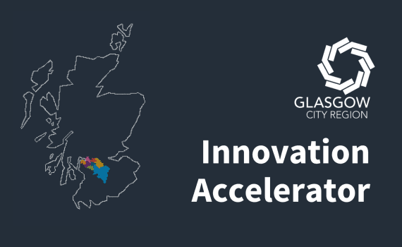 Graphic with the Glasgow City Region logo, the words "Innovation Accelerator", and a decorative outline of Scotland highlighting where the Region is based (Scotland is shown as an outline and the location of the Region's eight member authority areas are highlighted in colour within the outline).