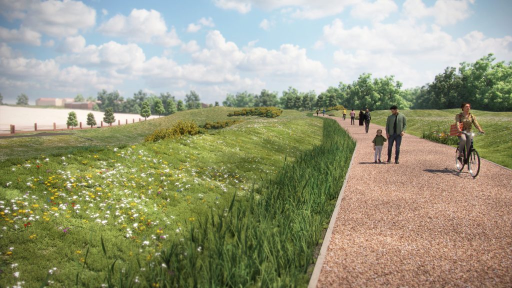 An artists' impression view of the new active travel route in Springburn, showing a wide shared active travel route with cyclists and people walking, with grass patches on either side of the path and a thick line of trees in the distance.