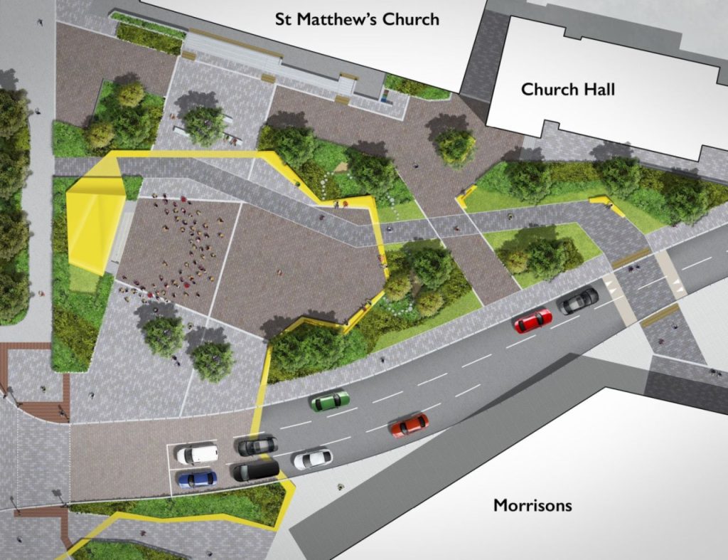 Aerial view looking down on an artist's impression of the new civic space, with St Matthew's Church labelled in the top left of the picture, the Church Hall in the top right, the civic space highlighted in yellow in the centre left of the image with a main road cutting from bottom left to the middle right of the image, and Morrisons in the bottom right.