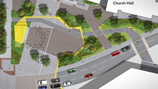 Aerial view looking down on an artist's impression of the new civic space, with St Matthew's Church labelled in the top left of the picture, the Church Hall in the top right, the civic space highlighted in yellow in the centre left of the image with a main road cutting from bottom left to the middle right of the image, and Morrisons in the bottom right.