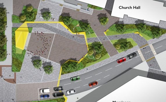 Aerial view looking down on an artist's impression of the new civic space, with St Matthew's Church labelled in the top left of the picture, the Church Hall in the top right, the civic space highlighted in yellow in the centre left of the image with a main road cutting from bottom left to the middle right of the image, and Morrisons in the bottom right.
