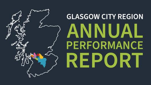 Outline of Scotland with the locations of the eight member authorities that make up Glasgow City Region highlighted in colour. Text saying: "Glasgow City Region Annual Performance Report".