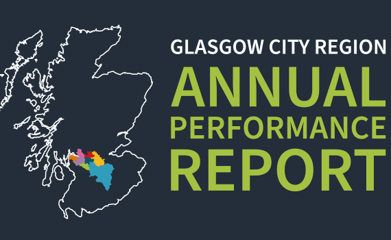 Outline of Scotland with the locations of the eight member authorities that make up Glasgow City Region highlighted in colour. Text saying: "Glasgow City Region Annual Performance Report".