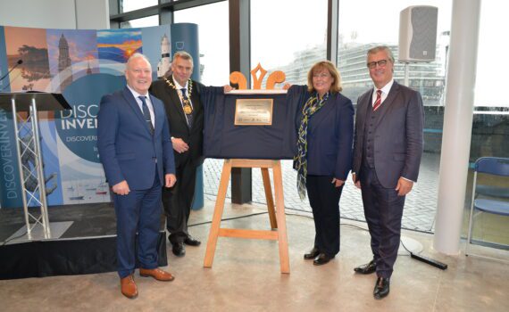 Standing in the new Ocena Terminal building next to the newly unveiled opening plaque, from left to right: Jim McSporran, port director at Peel Ports Clydeport, Provost Drew McKenzie, Scottish transport minister Fiona Hyslop, UK Government minister for Scotland Lord Malcolm Offord.