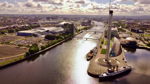Aerial view looking down the River Clyde, from above the Science Centre.