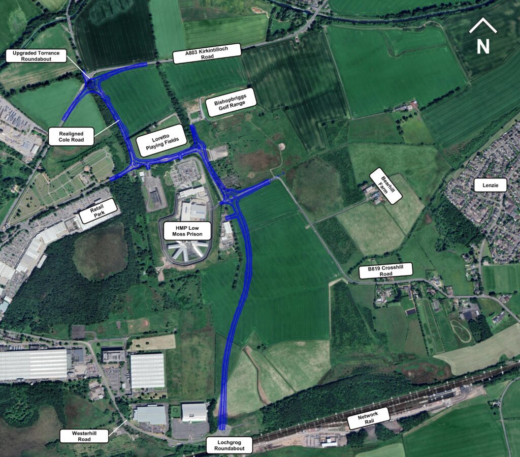 Aerial view of the Westerhill area with marking showing the proposed new route of the Westerhill Development Road. Key sites are also labelled on the photograph.