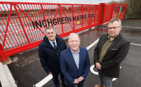 Councillor Stephen McCabe; Jim McSporran, port director at Peel Ports Clydeport; and councillor Christopher Curley - in front of Inchgreen Marine Park.
