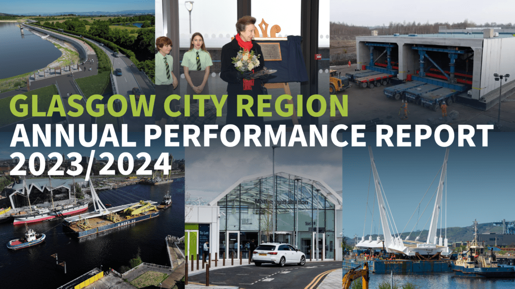 Collage of photographs of key City Deal projects with the text "Glasgow City Region Annual Performance Report 2023/2024"