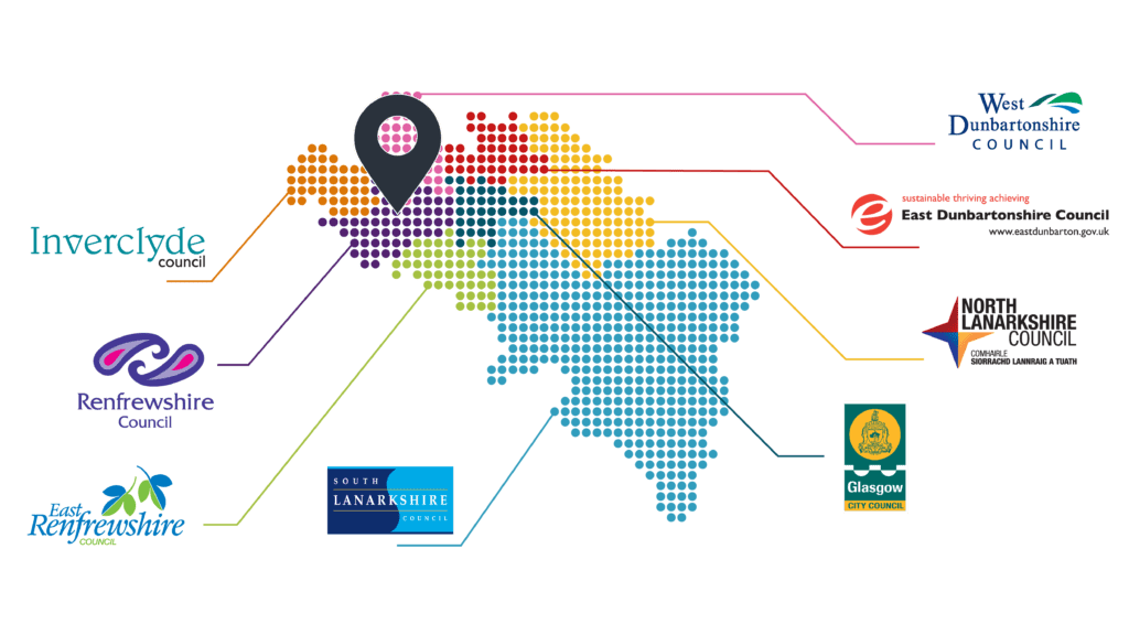 Map of Glasgow City Region showing the boundaries of the eight member councils