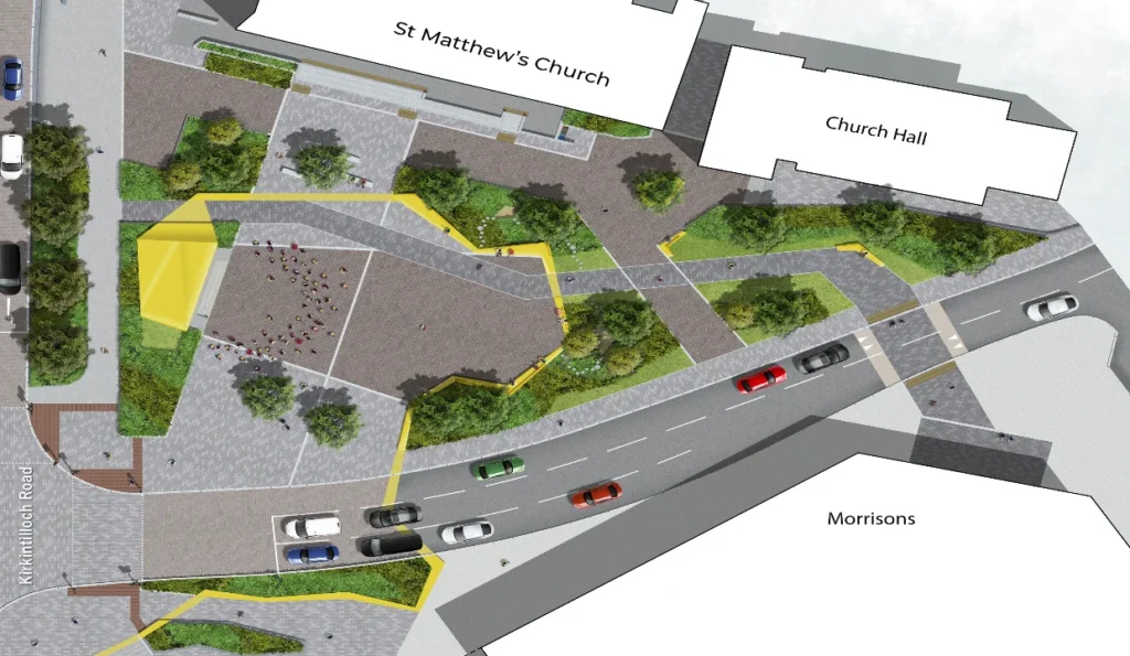 Artists' impression of the new Civic Space in Bishopbriggs town centre, showing St Matthew's Church and Church Hall to the north, and Morrisons to the south east. The image shows an open pedestrian space with green space and trees, open space for gathering, benches, and high-quality surfaces.
